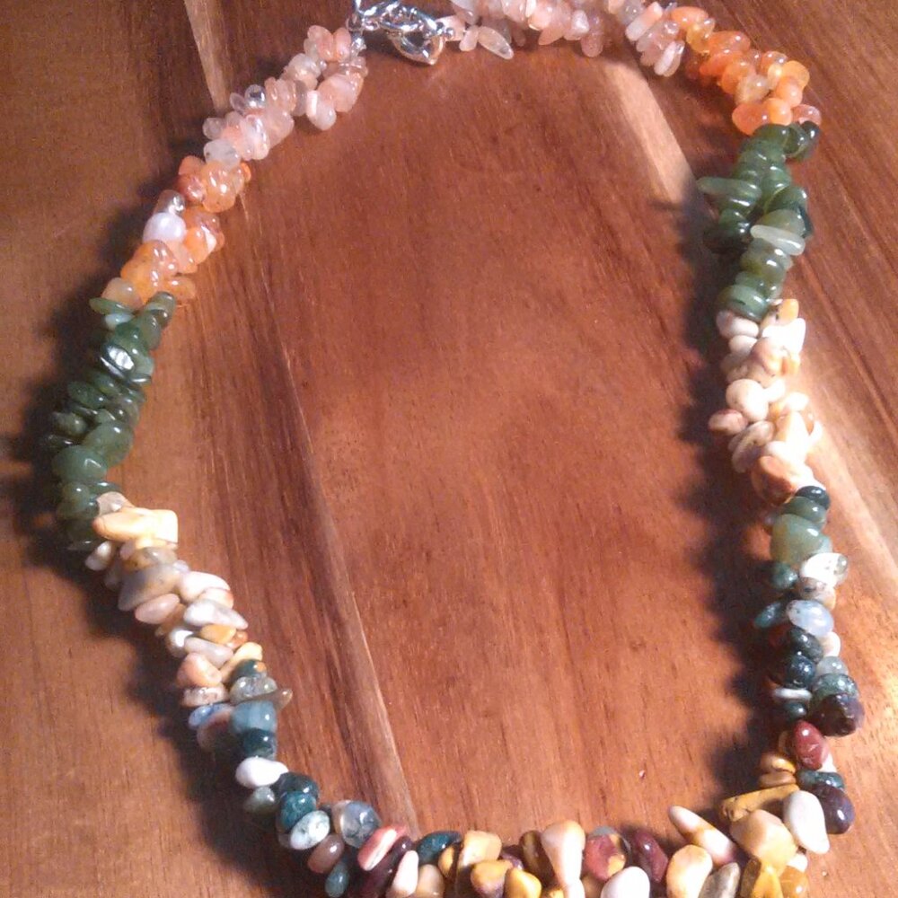 Colorful Rainbow Multi Gemstone Chips Platinum Bond Necklace